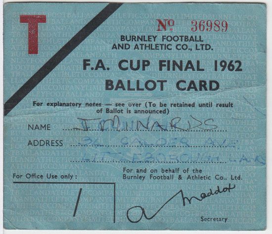 Burnley Ticket - 1962 FA Cup Final